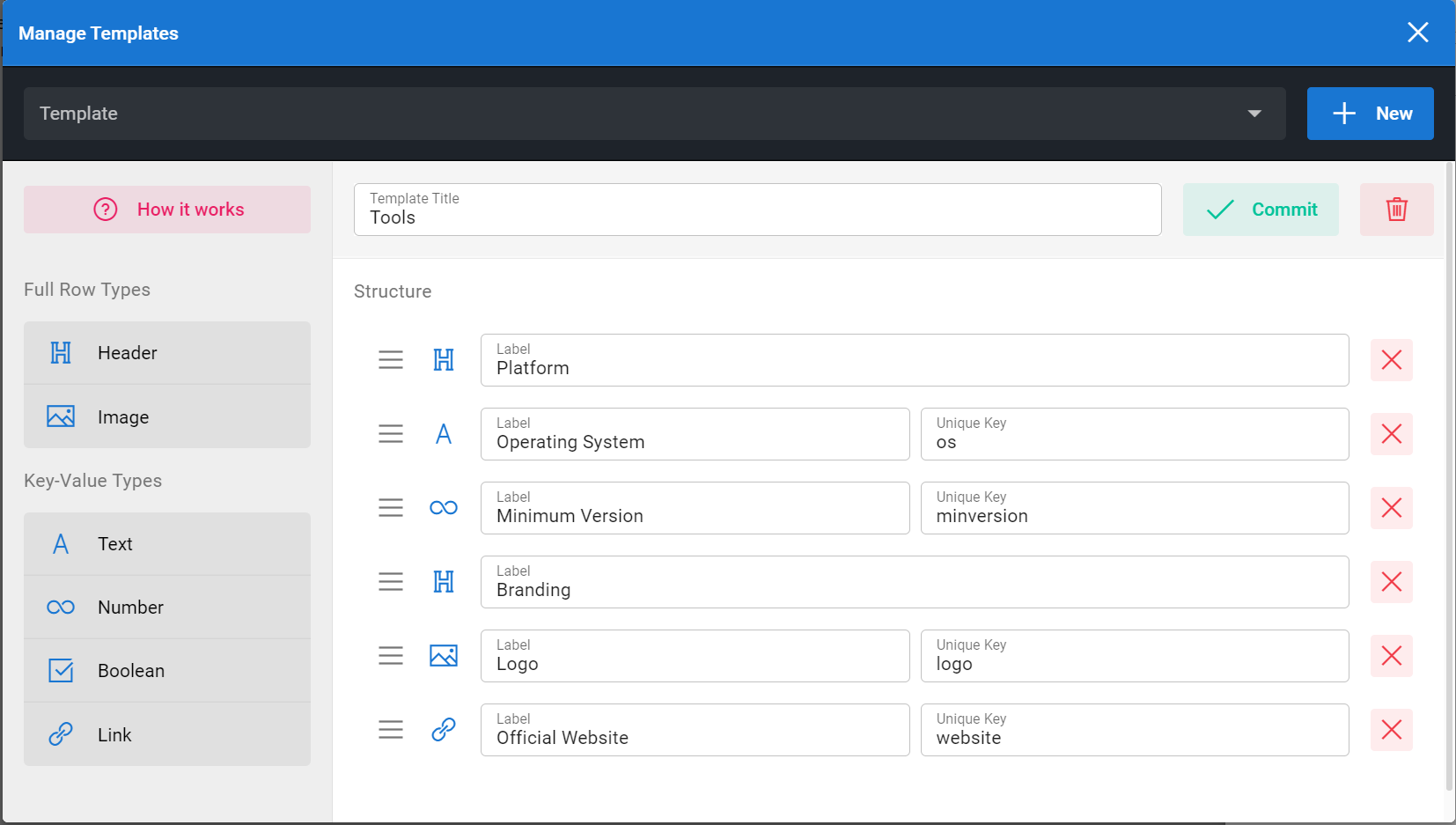 Manage Data Templates Screen