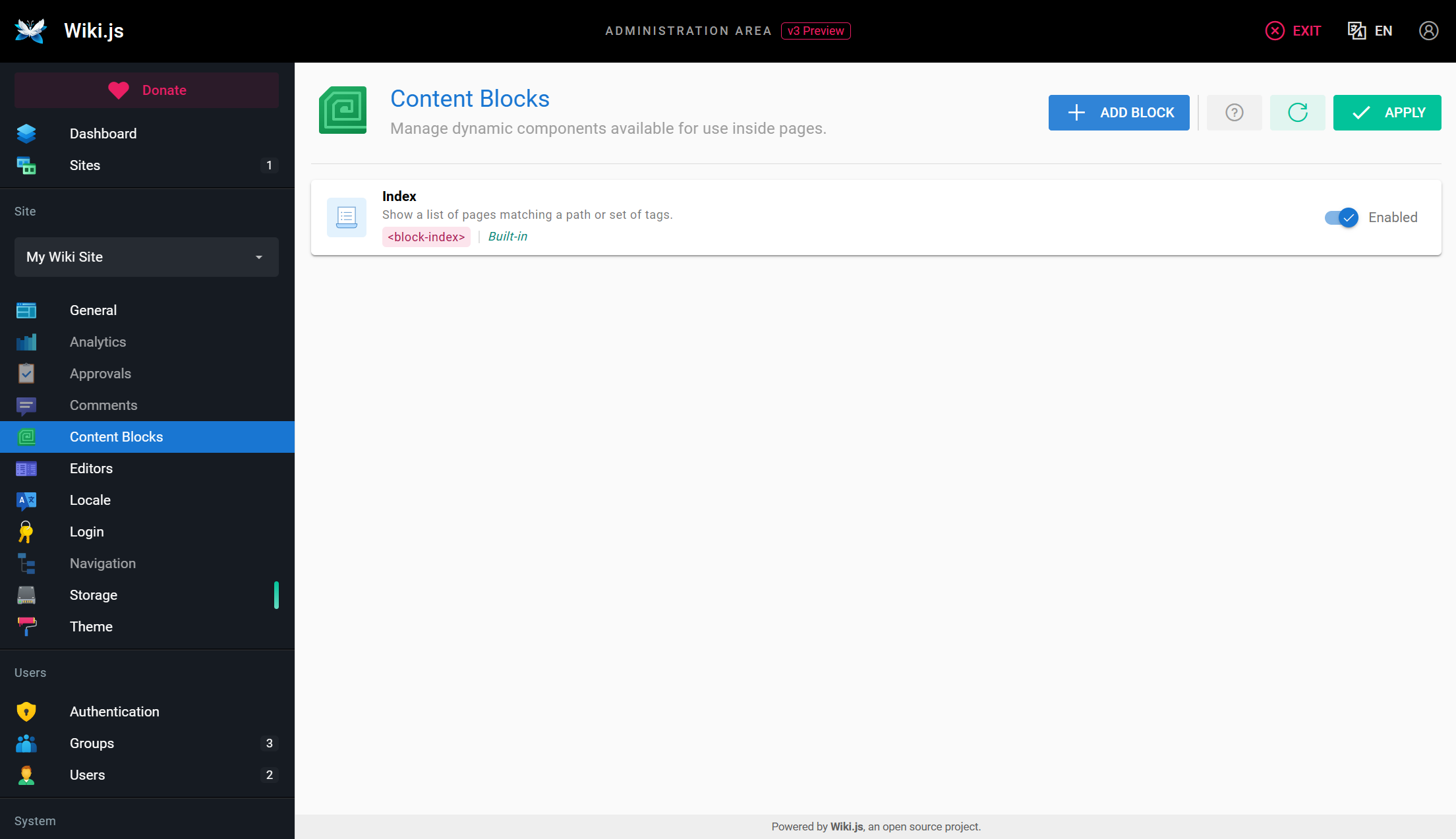 Blocks Admin Page