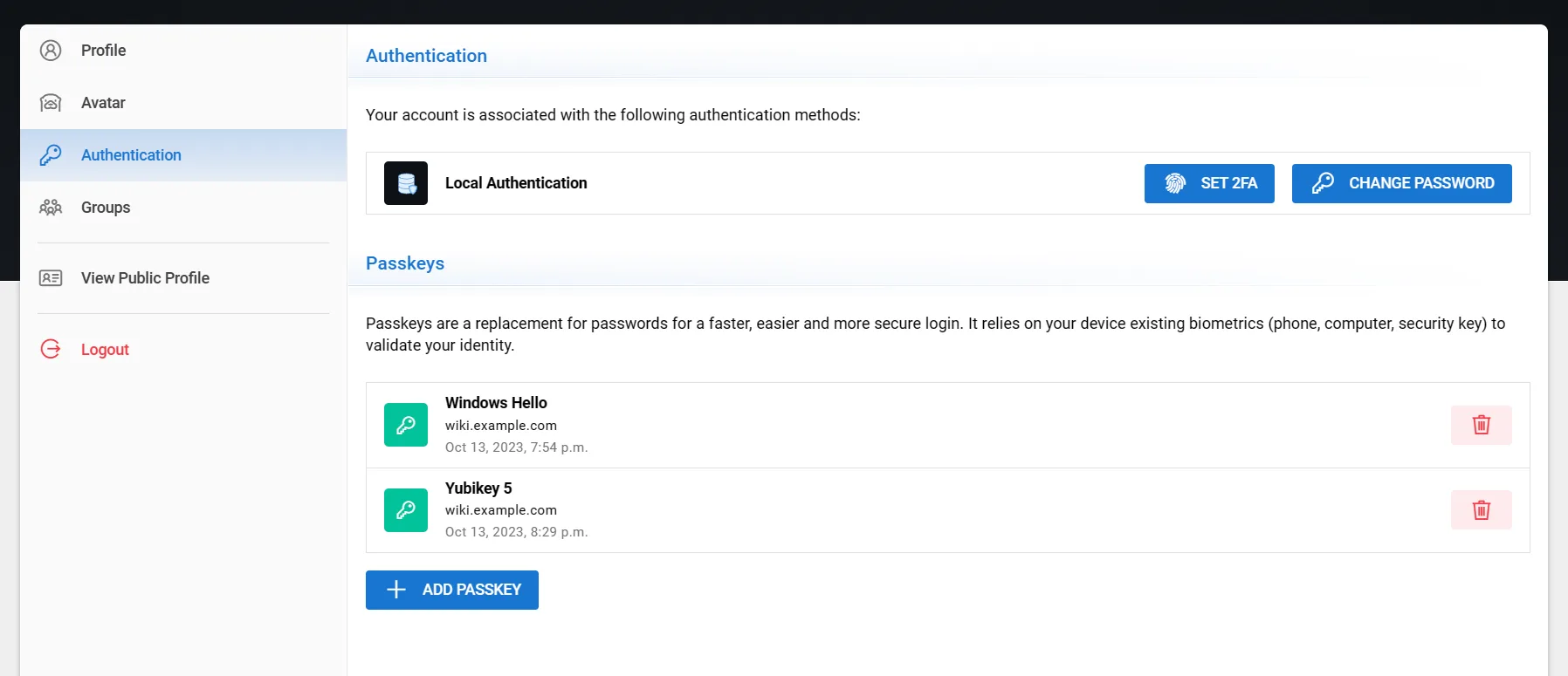 Passkeys listed on the account page